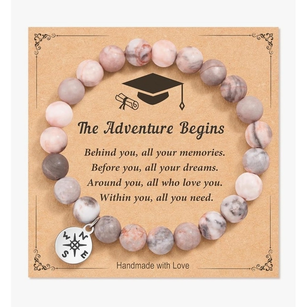 Graduation Gift Natural‎ Stone Bracelet College Pink Stones Compass Charm
